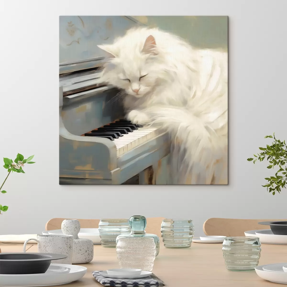 Fototapete Katze, die auf Klaviertasten schläft, Gemäldeimitation s50990