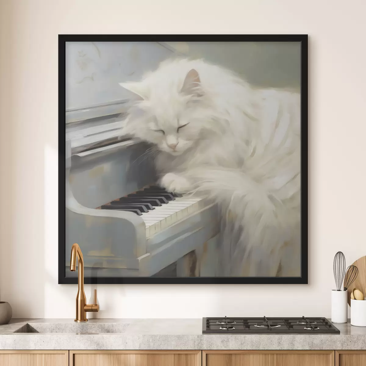 Poster Katze, die auf Klaviertasten schläft, Gemäldeimitation f50990