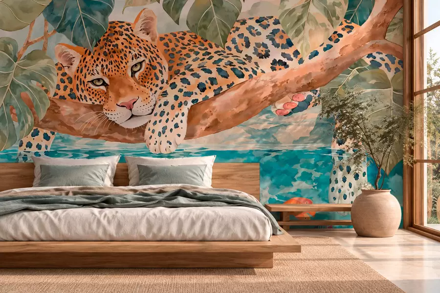 Fototapete Leopard über blauem Wasser w05954