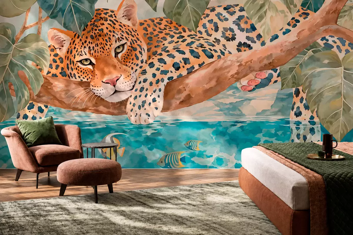 Fototapete Leopard auf einem Ast über dem Wasser mit bunten Fischen w05954