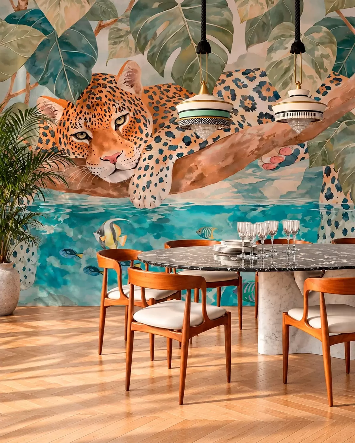 Fototapete Leopard auf einem Ast über dem Wasser mit bunten Fischen w05954