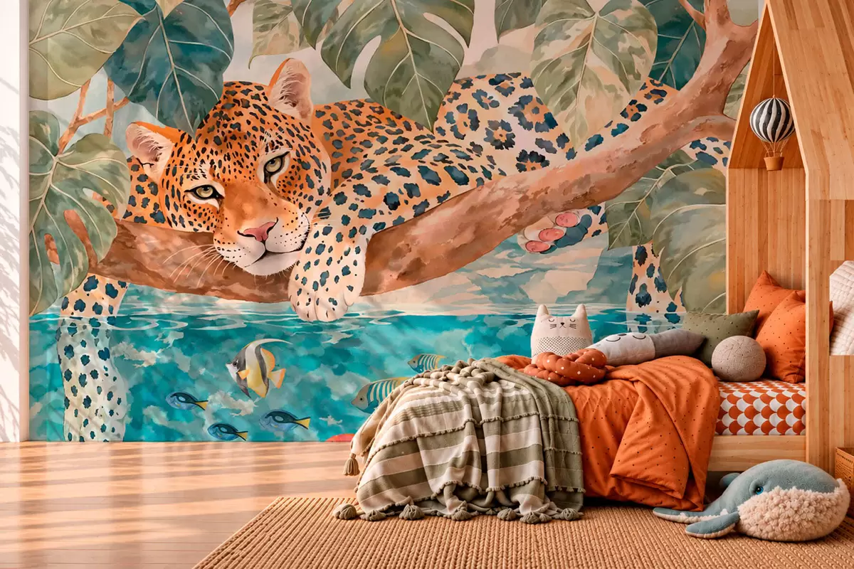 Fototapete Leopard auf einem Ast über dem Wasser mit bunten Fischen w05954