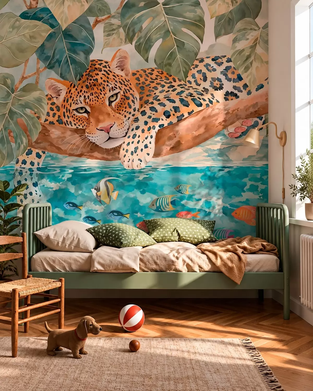 Fototapete Leopard auf einem Ast über dem Wasser mit bunten Fischen w05954