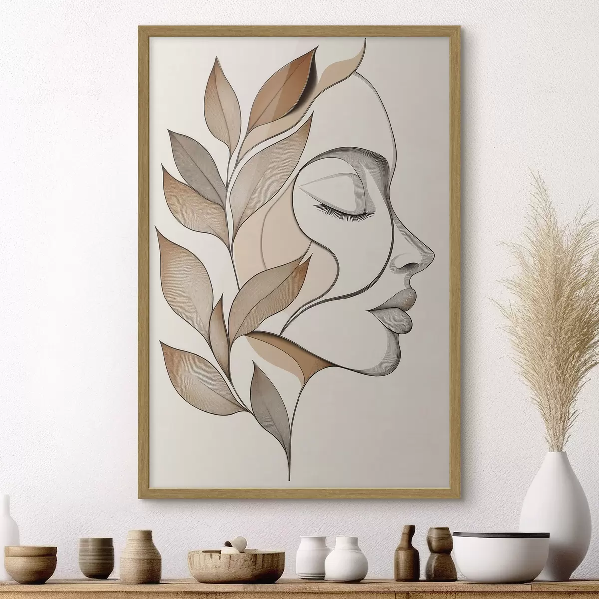 Poster Profil einer Frau mit Blättern f50997
