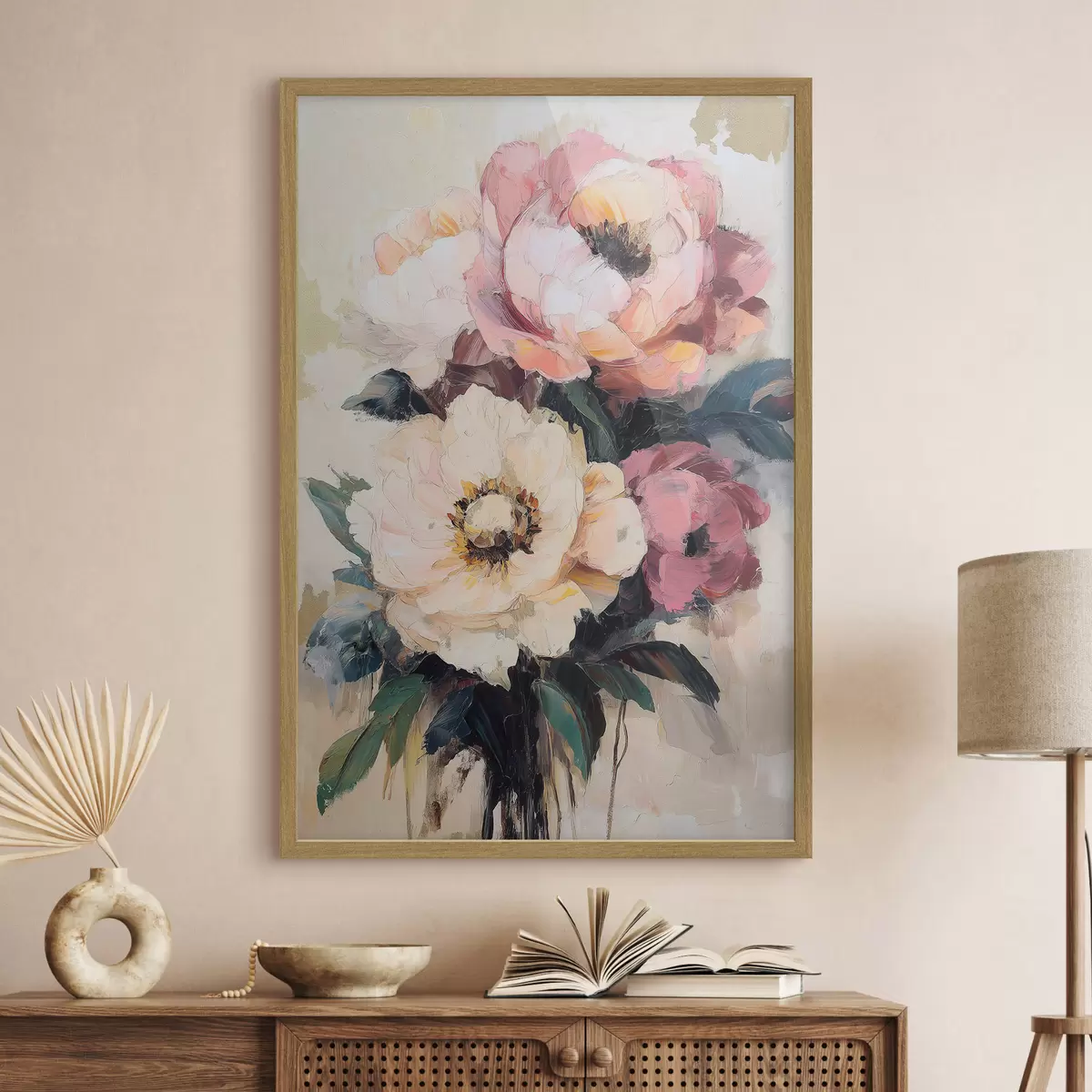 Poster Rosa und cremefarbene Pfingstrosen f51007