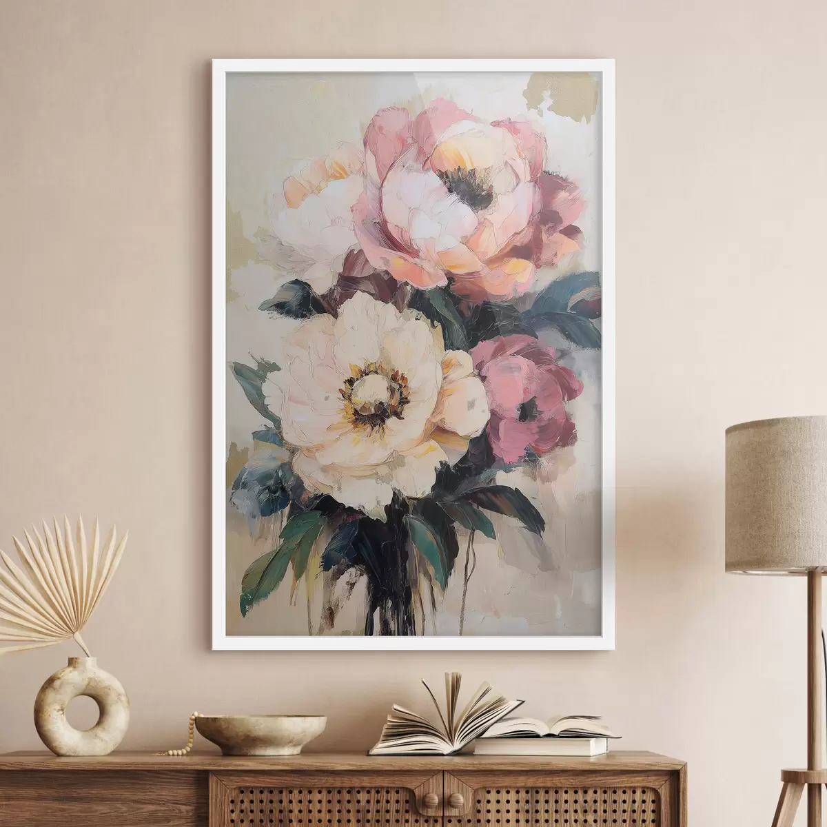 Poster Rosa und cremefarbene Pfingstrosen f51007