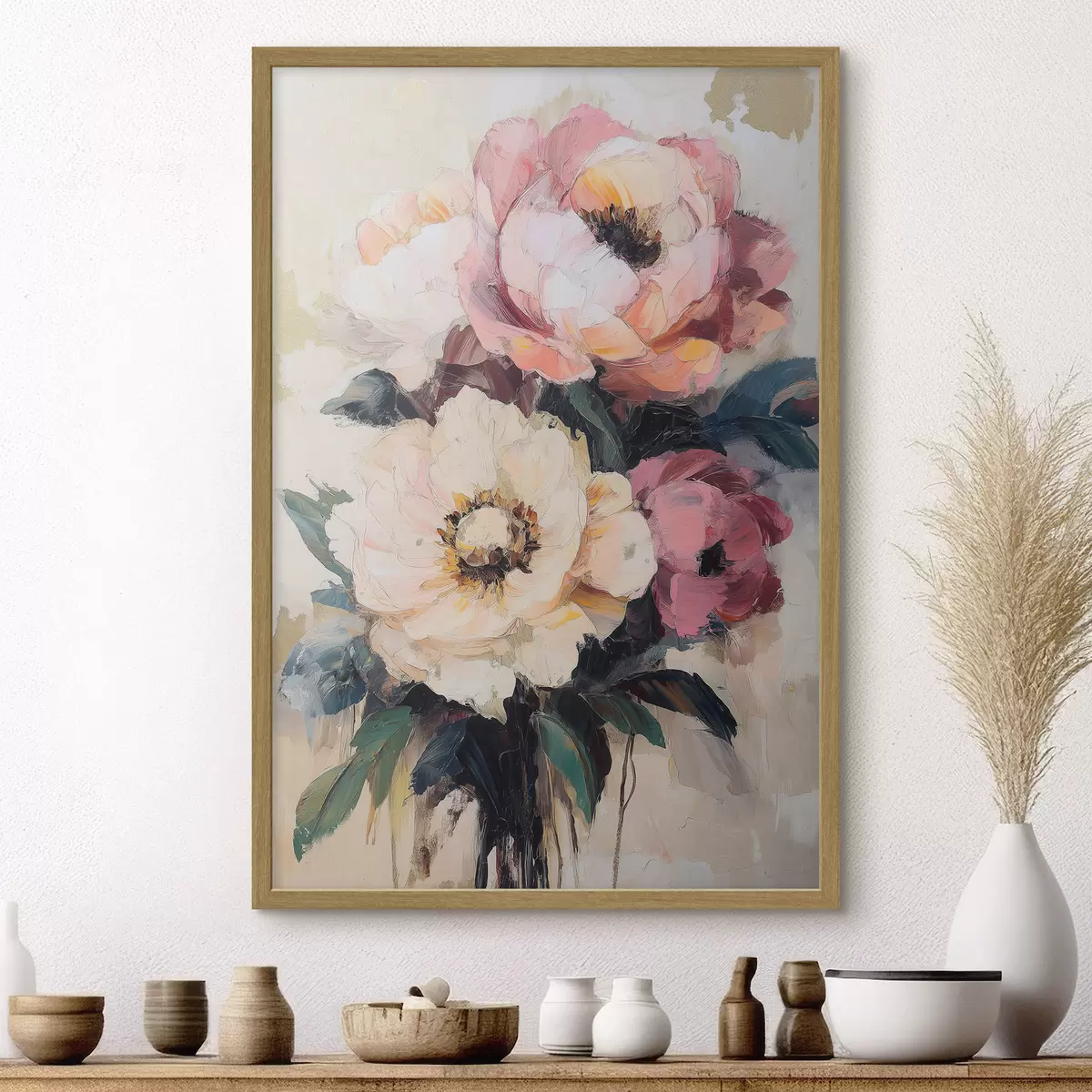 Poster Rosa und cremefarbene Pfingstrosen f51007