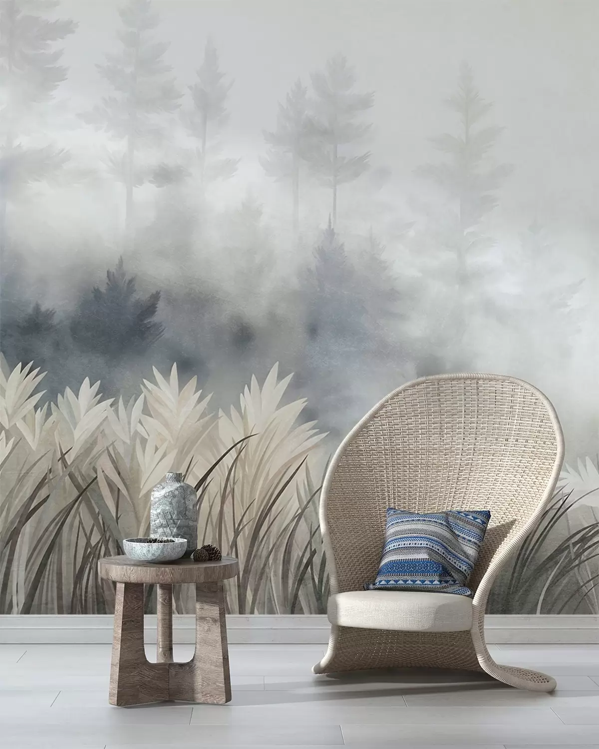 Fototapete Landschaft mit hohem Wildgras und Kiefernwald, minimalistischer, strukturierter Stil w10082