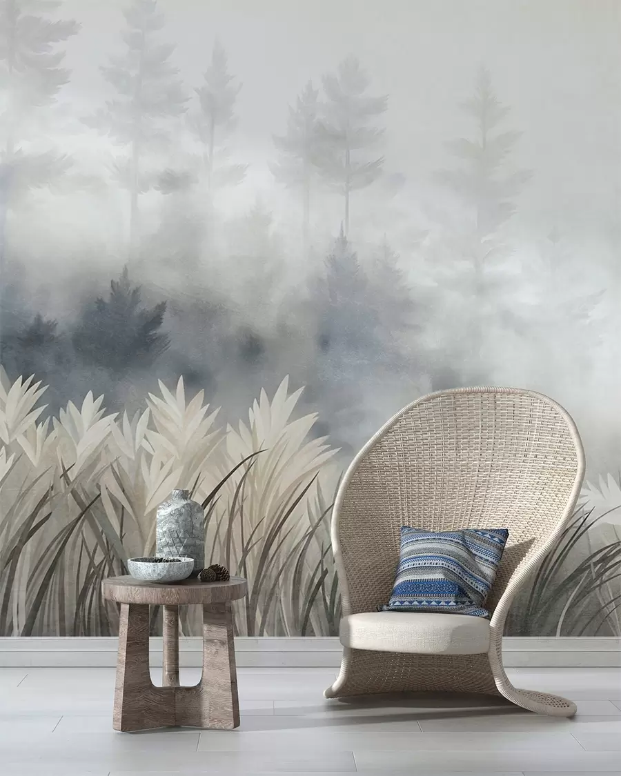 Fototapete Landschaft mit hohem Wildgras und Kiefernwald, minimalistischer, strukturierter Stil w10082