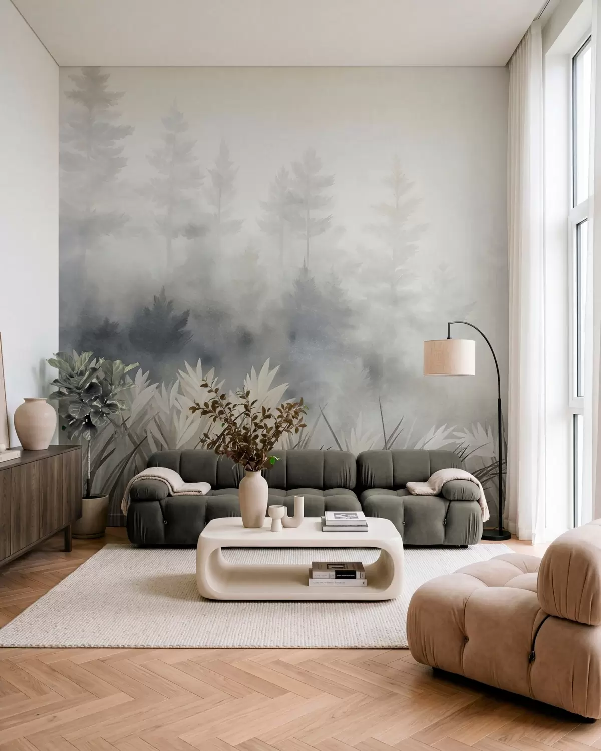 Fototapete Landschaft mit hohem Wildgras und Kiefernwald, minimalistischer, strukturierter Stil w10082