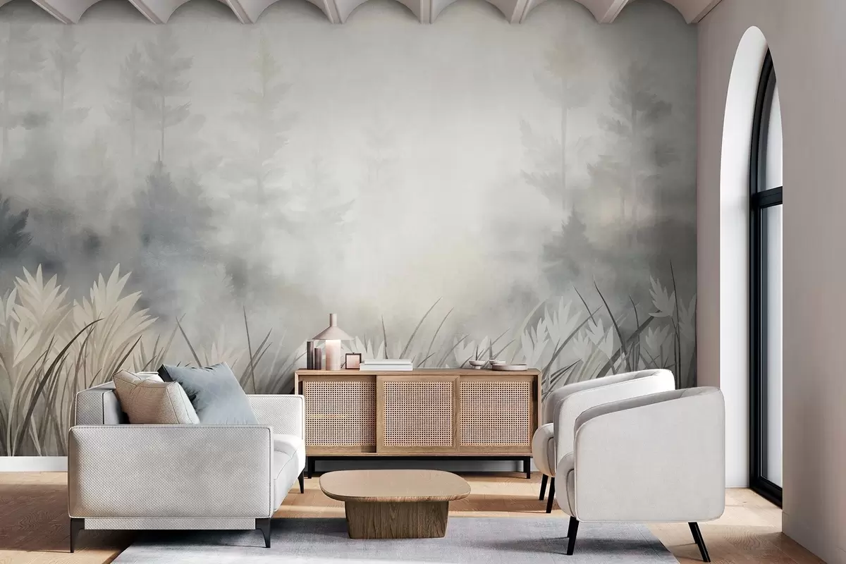 Fototapete Landschaft mit hohem Wildgras und Kiefernwald, minimalistischer, strukturierter Stil w10082