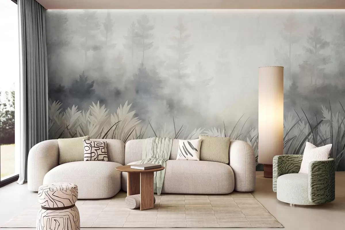 Fototapete Landschaft mit hohem Wildgras und Kiefernwald, minimalistischer, strukturierter Stil w10082