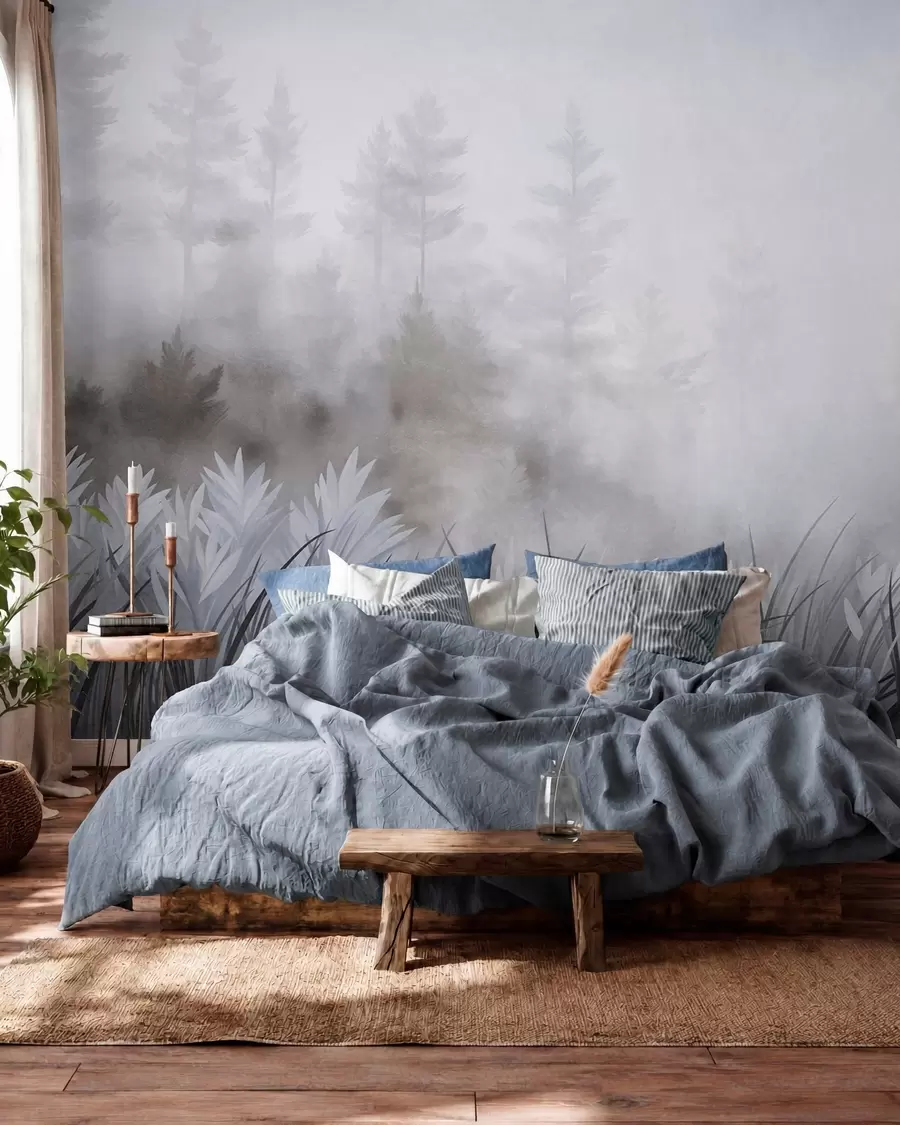 Fototapete Landschaft mit hohem Wildgras und Kiefernwald, minimalistischer, strukturierter Stil w10082v1