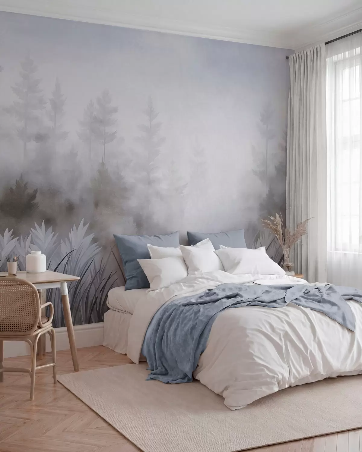 Fototapete Landschaft mit hohem Wildgras und Kiefernwald, minimalistischer, strukturierter Stil w10082v1