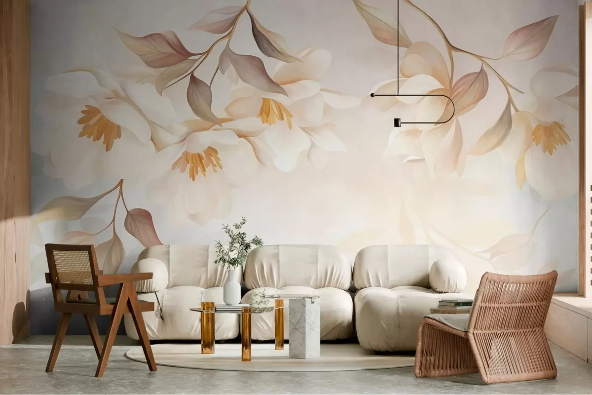 Fototapete Magnolienblüten mit zarten braunen Blättern, die von den Zweigen herabhängen w10086