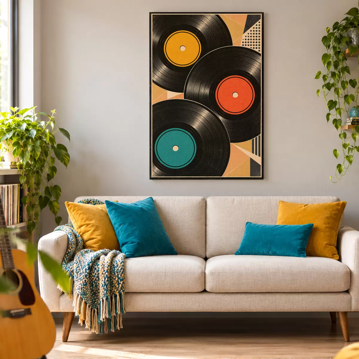 Fototapete Retro-Flair mit bunten Schallplatten s50923