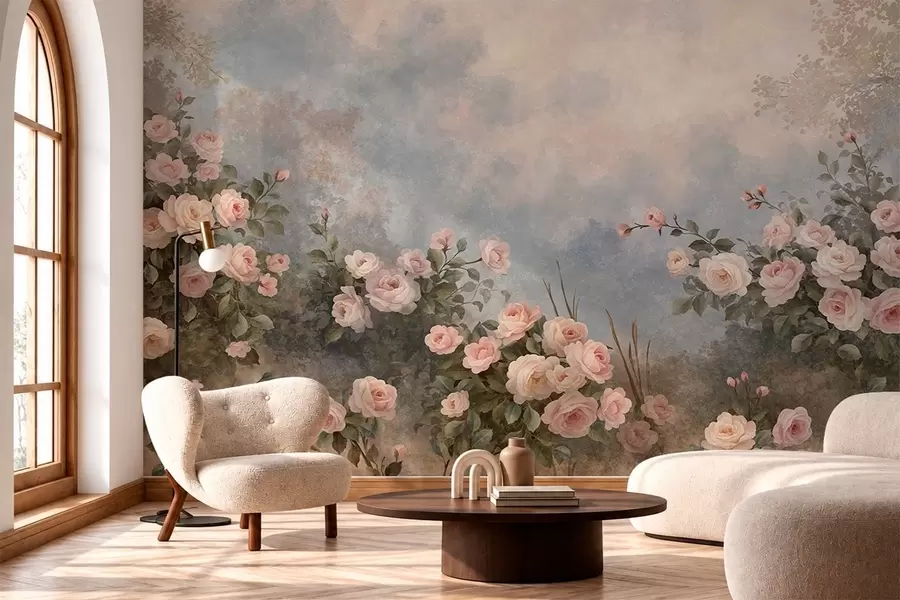Fototapete Üppige rosa Rosensträucher vor einer nebligen Landschaft w05888