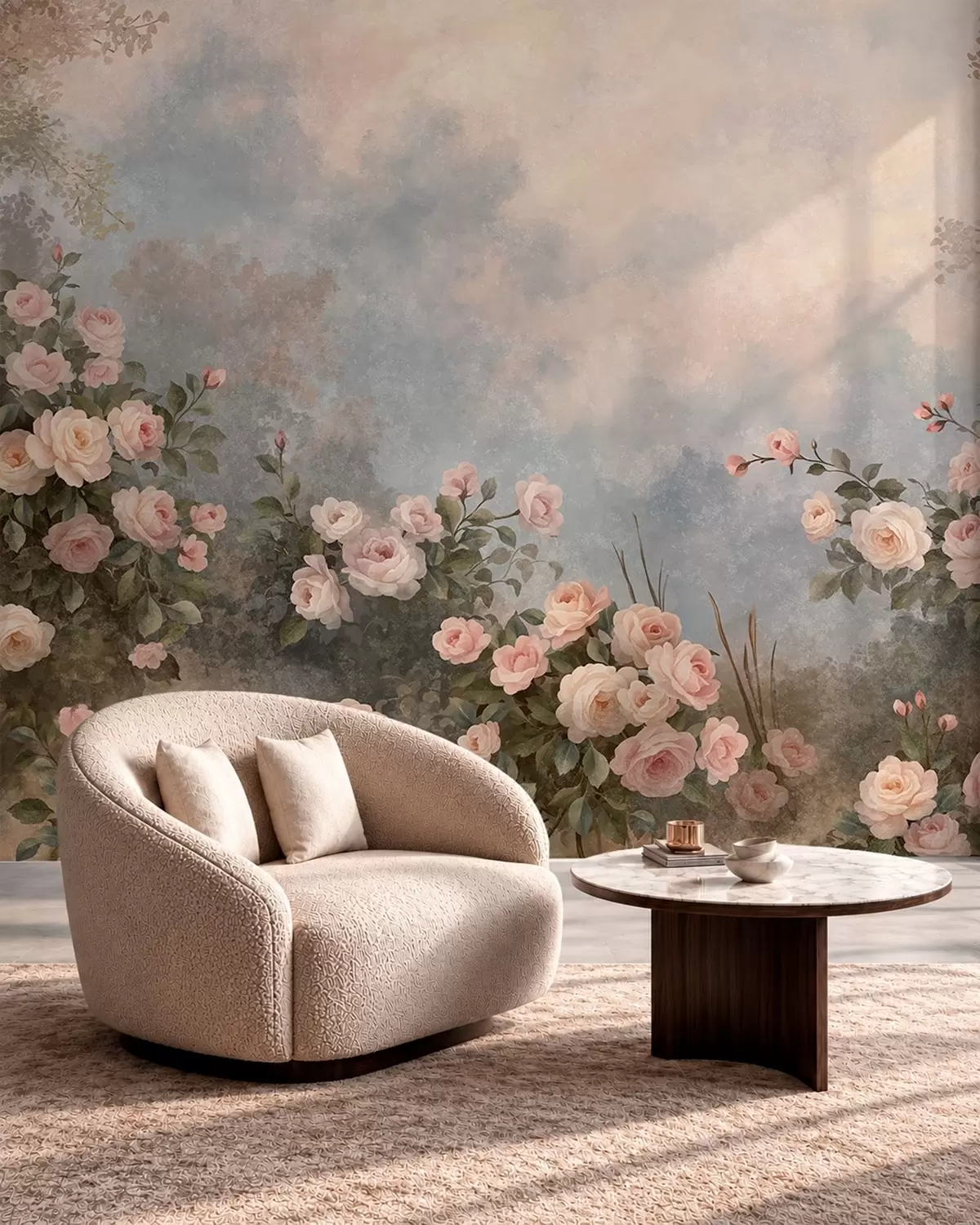 Fototapete Üppige rosa Rosensträucher vor einer nebligen Landschaft w05888