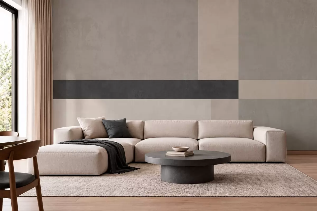 Fototapete Abstrakte Geometrie mit beigen und grauen Blöcken und einem dunklen Streifen w05891