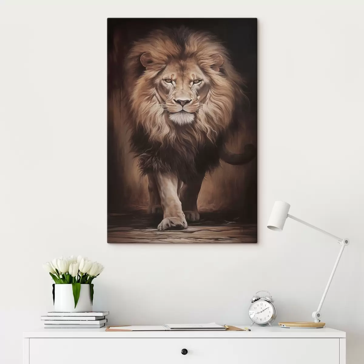 Fototapete Majestätischer Löwe in dunklem Interieur s51087