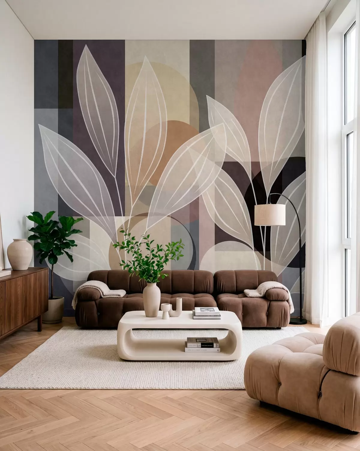 Fototapete stilisierte Blätter vor einem geometrischen Hintergrund in Beige- und dunklen Farbtönen w05987