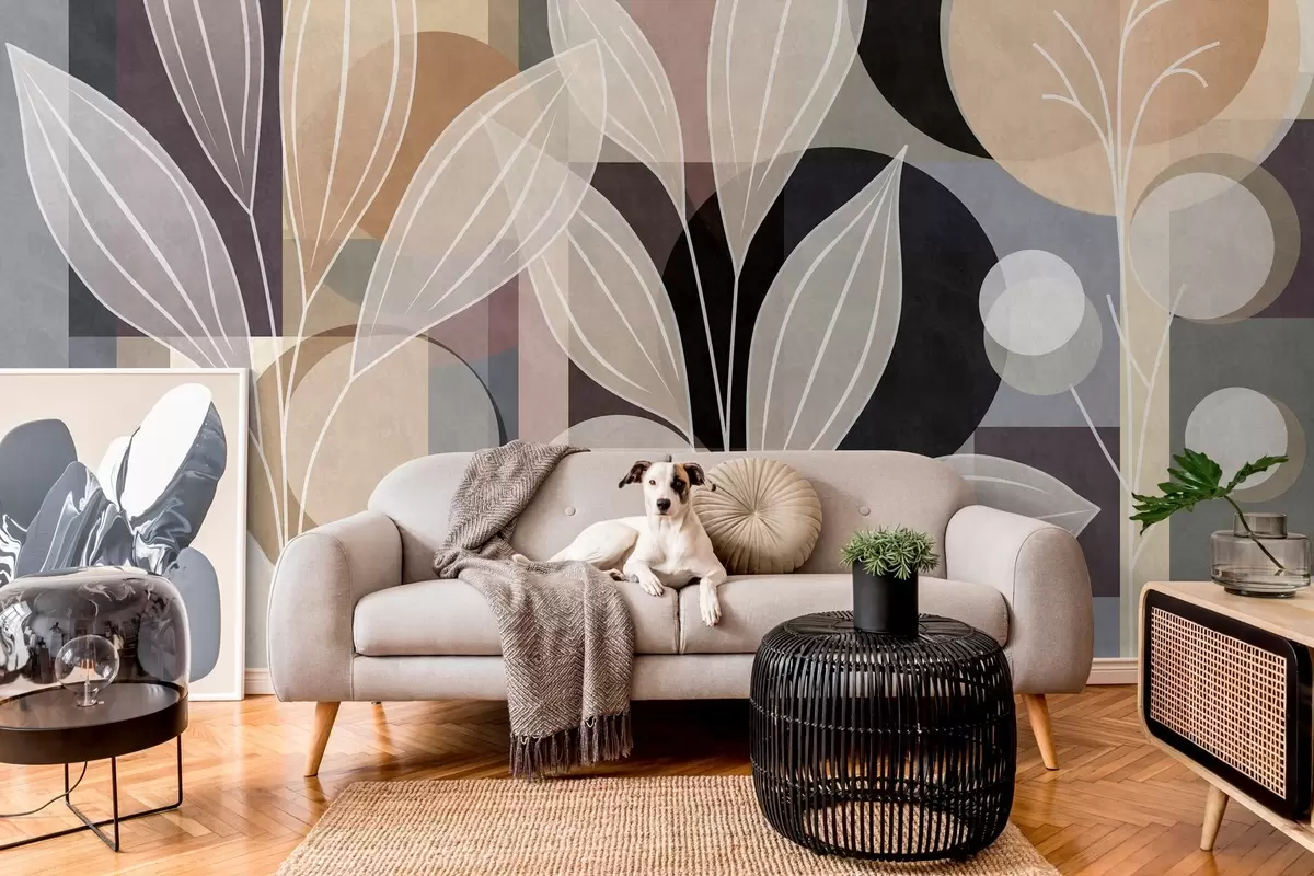 Fototapete stilisierte Blätter vor einem geometrischen Hintergrund in Beige- und dunklen Farbtönen w05987