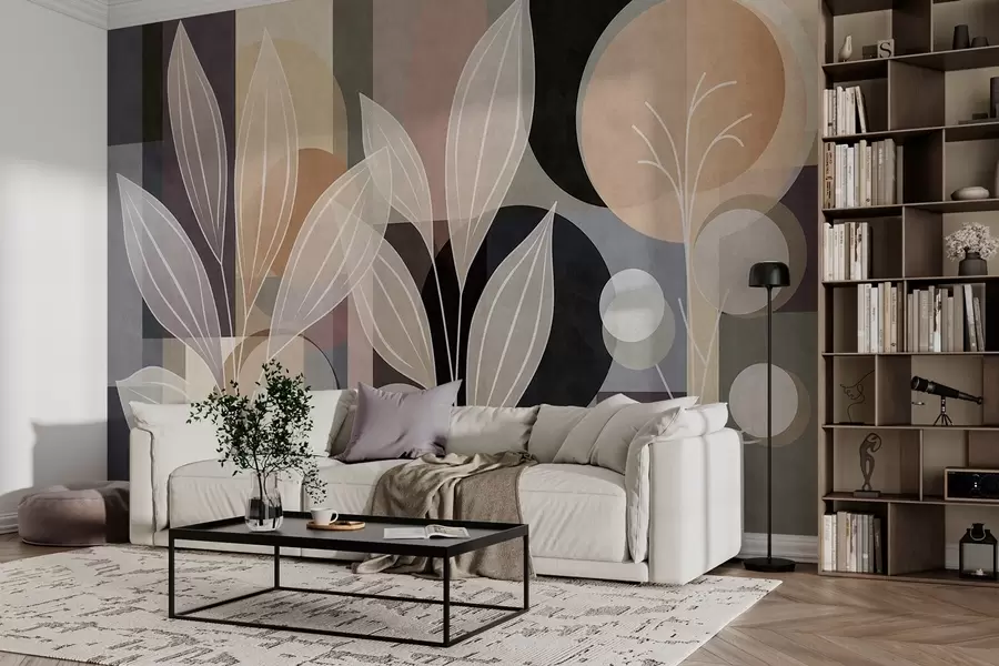 Fototapete stilisierte Blätter vor einem geometrischen Hintergrund in Beige- und dunklen Farbtönen w05987