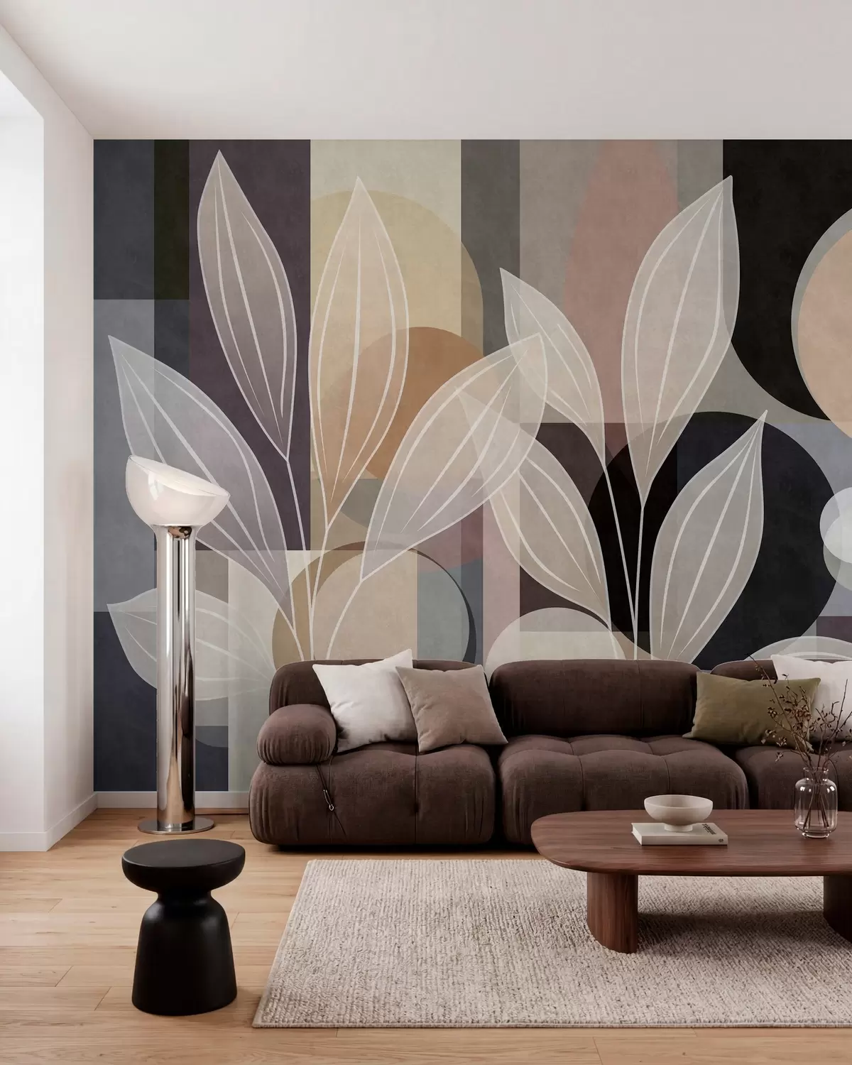 Fototapete stilisierte Blätter vor einem geometrischen Hintergrund in Beige- und dunklen Farbtönen w05987