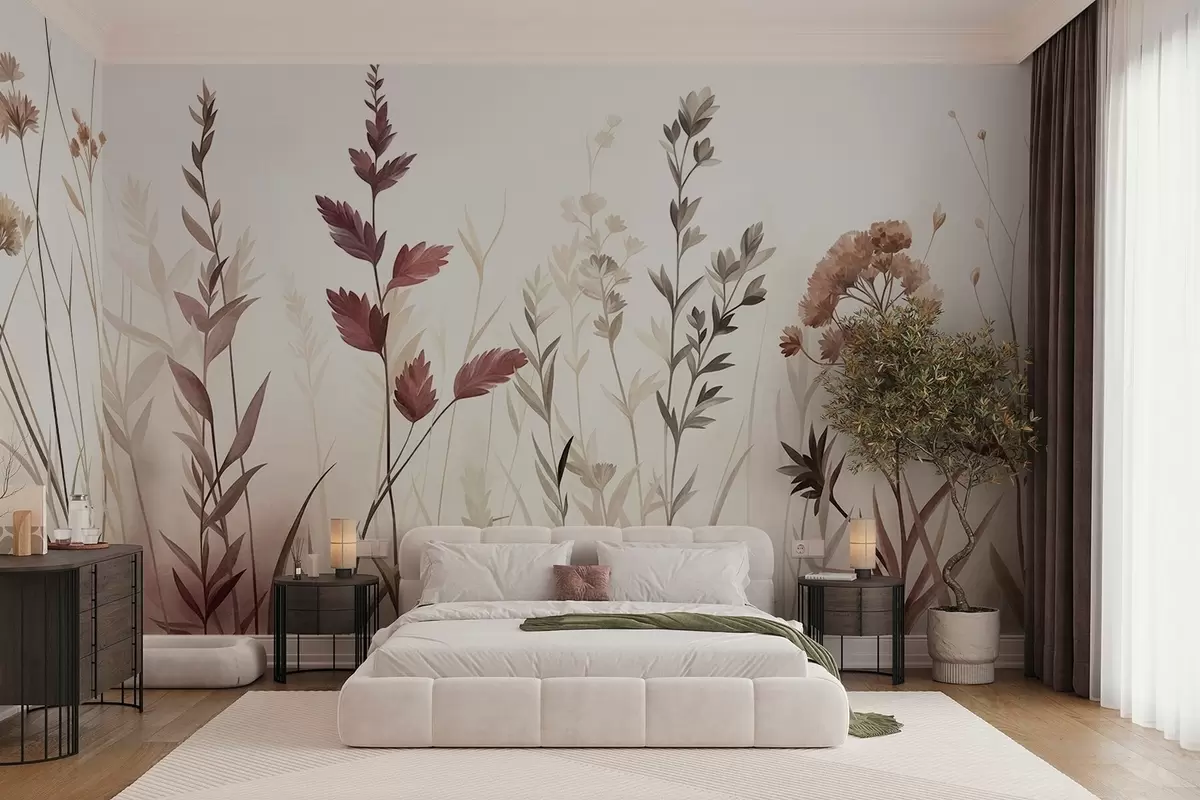 Fototapete Hohe Wildgräser und Wildblumen in gedeckten Erdtönen, minimalistische Ästhetik w10084