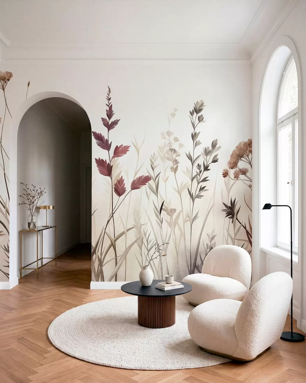 Fototapete Hohe Wildgräser und Wildblumen in gedeckten Erdtönen, minimalistische Ästhetik w10084