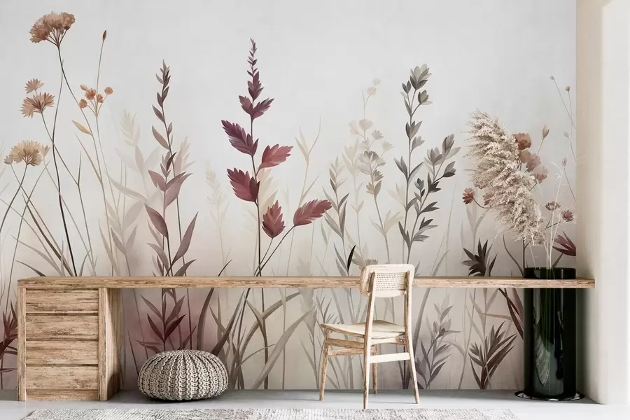 Fototapete Hohe Wildgräser und Wildblumen in gedeckten Erdtönen, minimalistische Ästhetik w10084