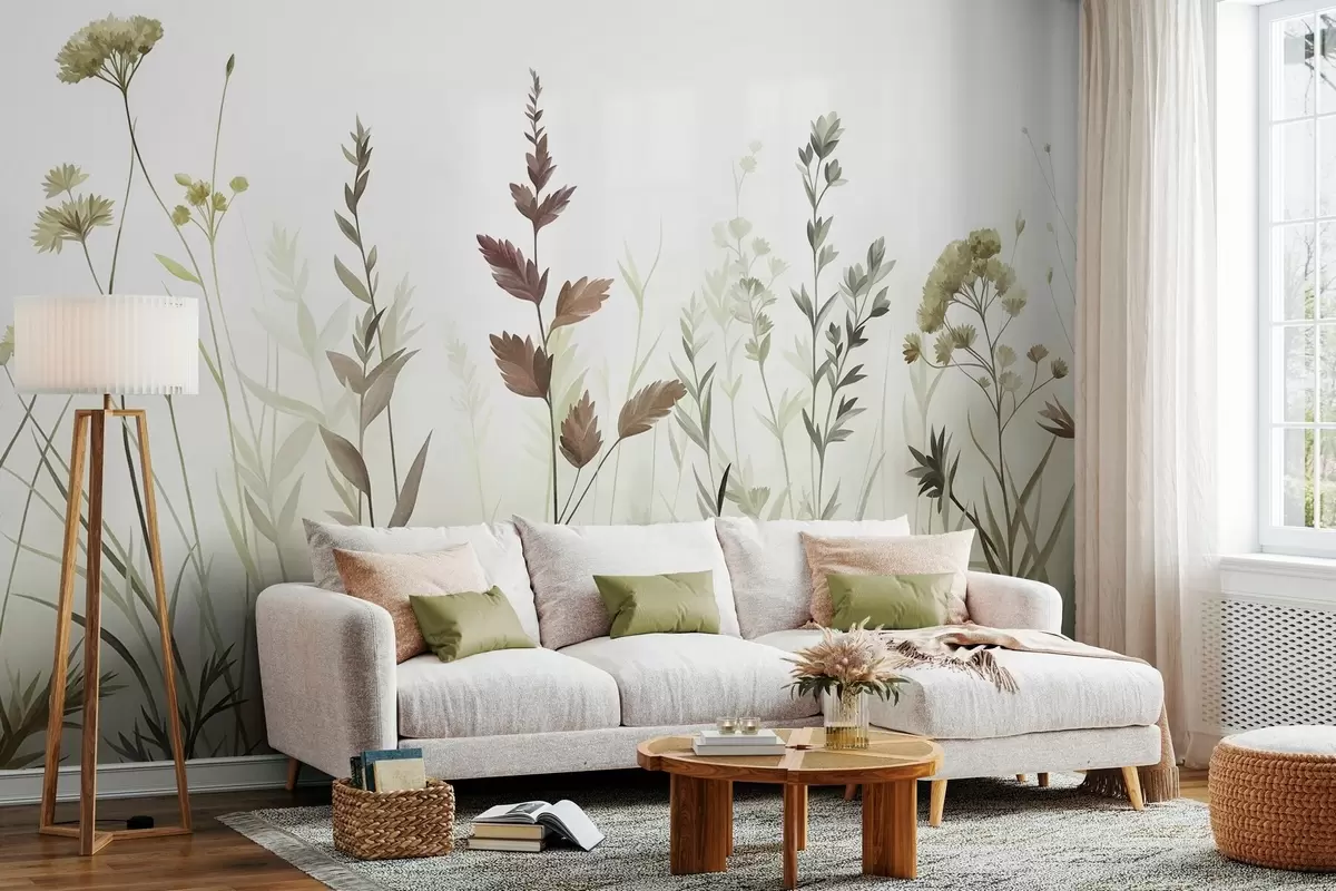 Fototapete Hohe Wildgräser und Wildblumen in gedeckten Grüntönen, minimalistische Ästhetik w10084v1