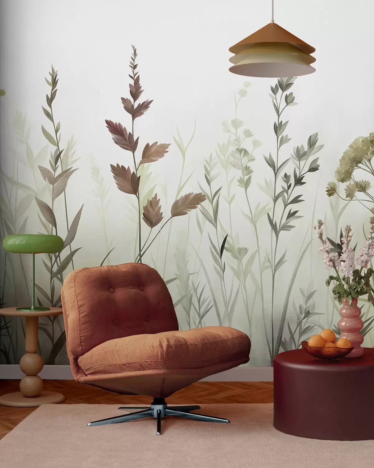 Fototapete Hohe Wildgräser und Wildblumen in gedeckten Grüntönen, minimalistische Ästhetik w10084v1