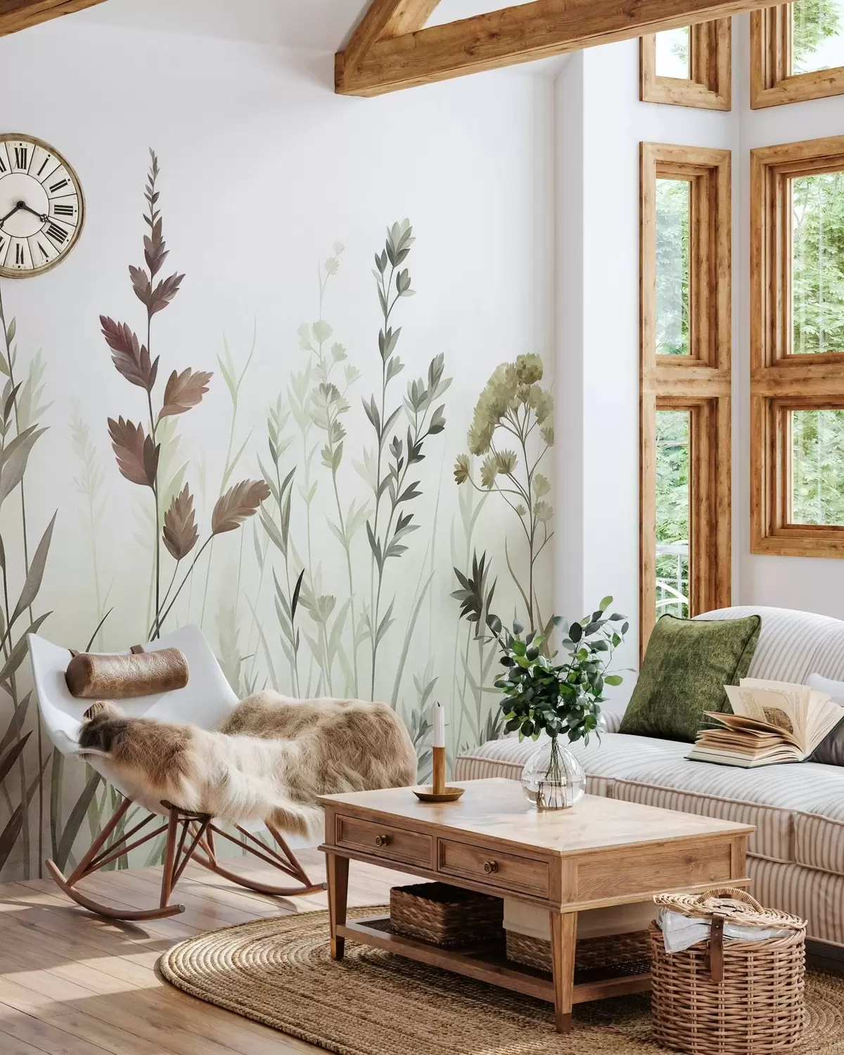Fototapete Hohe Wildgräser und Wildblumen in gedeckten Grüntönen, minimalistische Ästhetik w10084v1