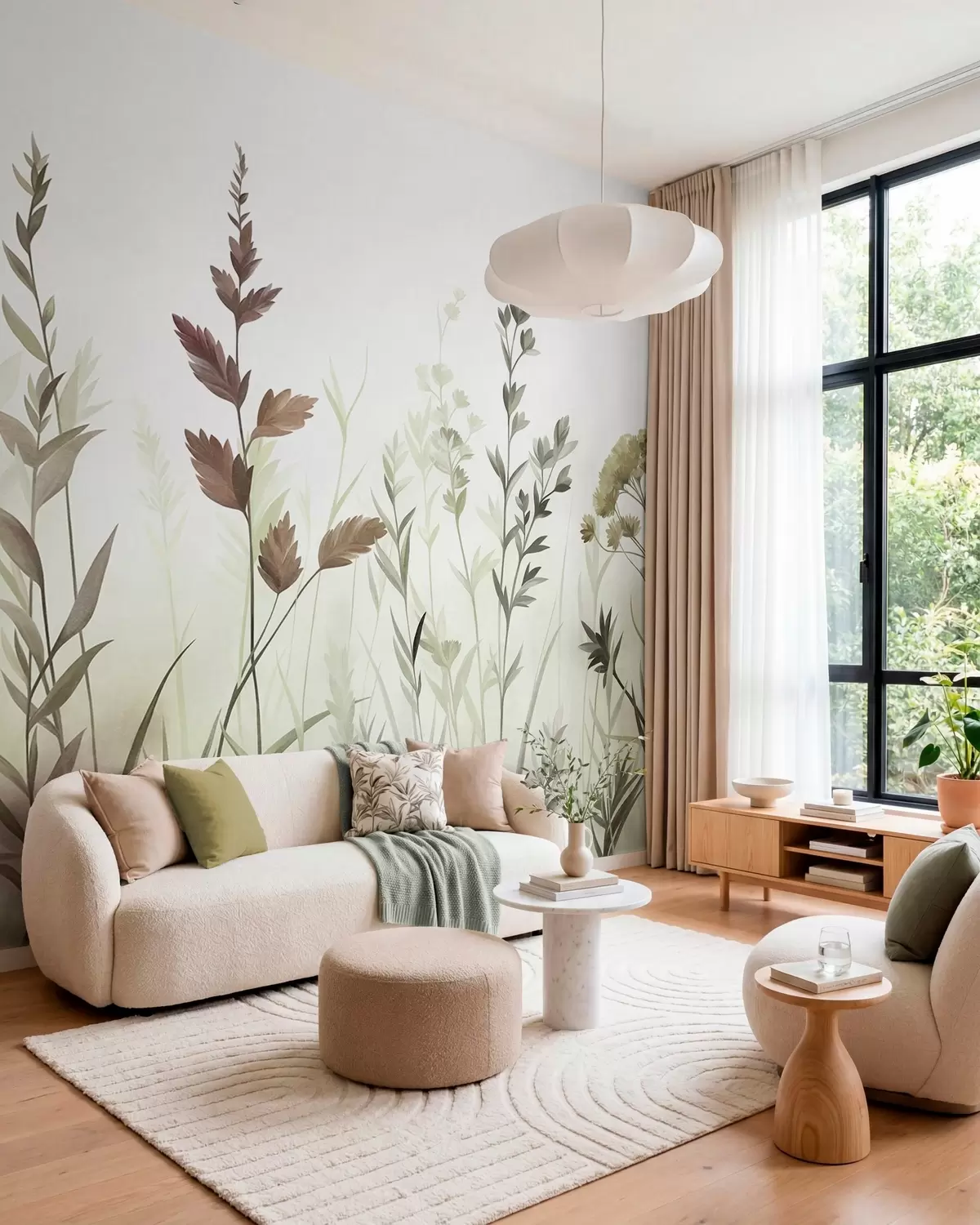 Fototapete Hohe Wildgräser und Wildblumen in gedeckten Grüntönen, minimalistische Ästhetik w10084v1