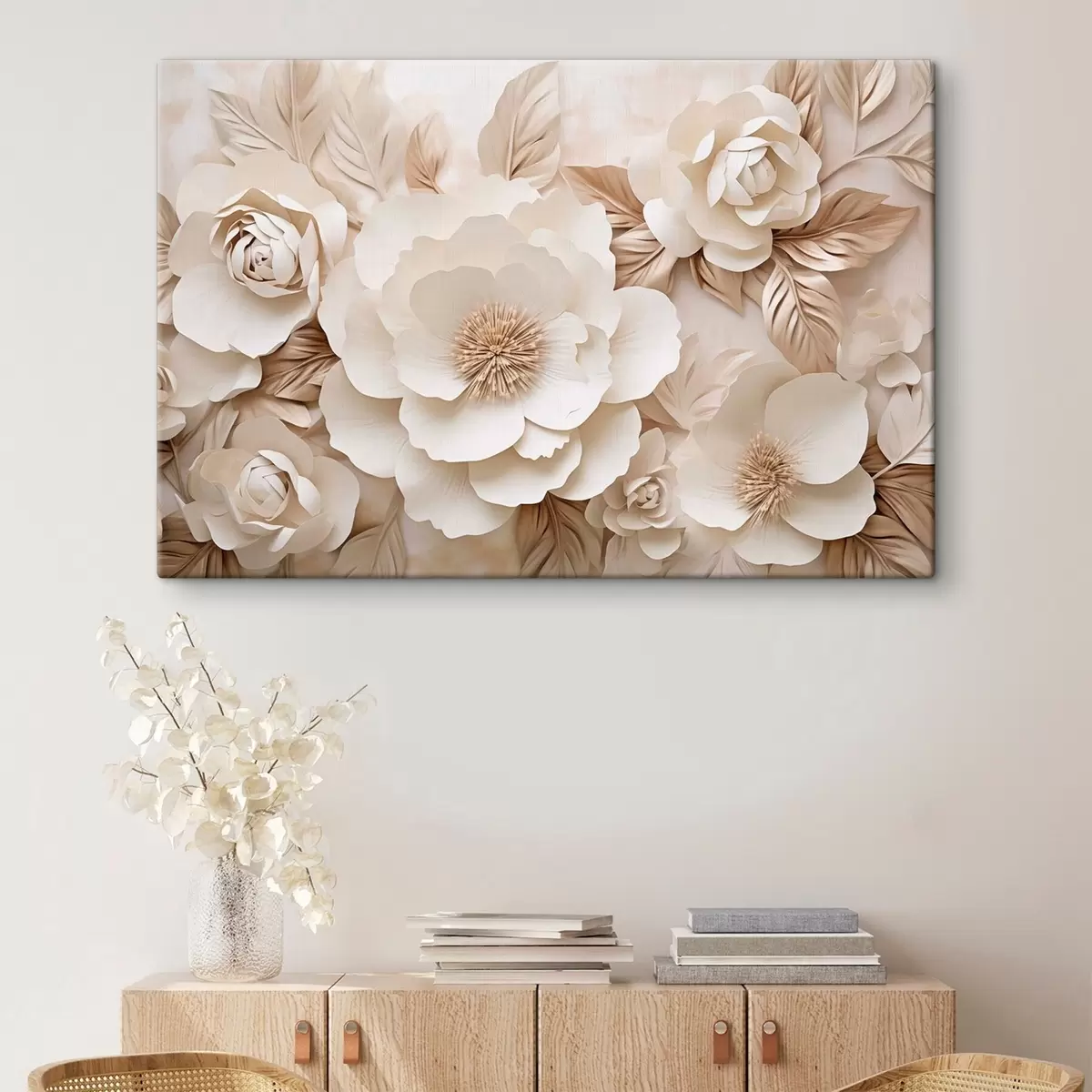 Fototapete 3D-Gipsrelief mit weißen Blumen s51096