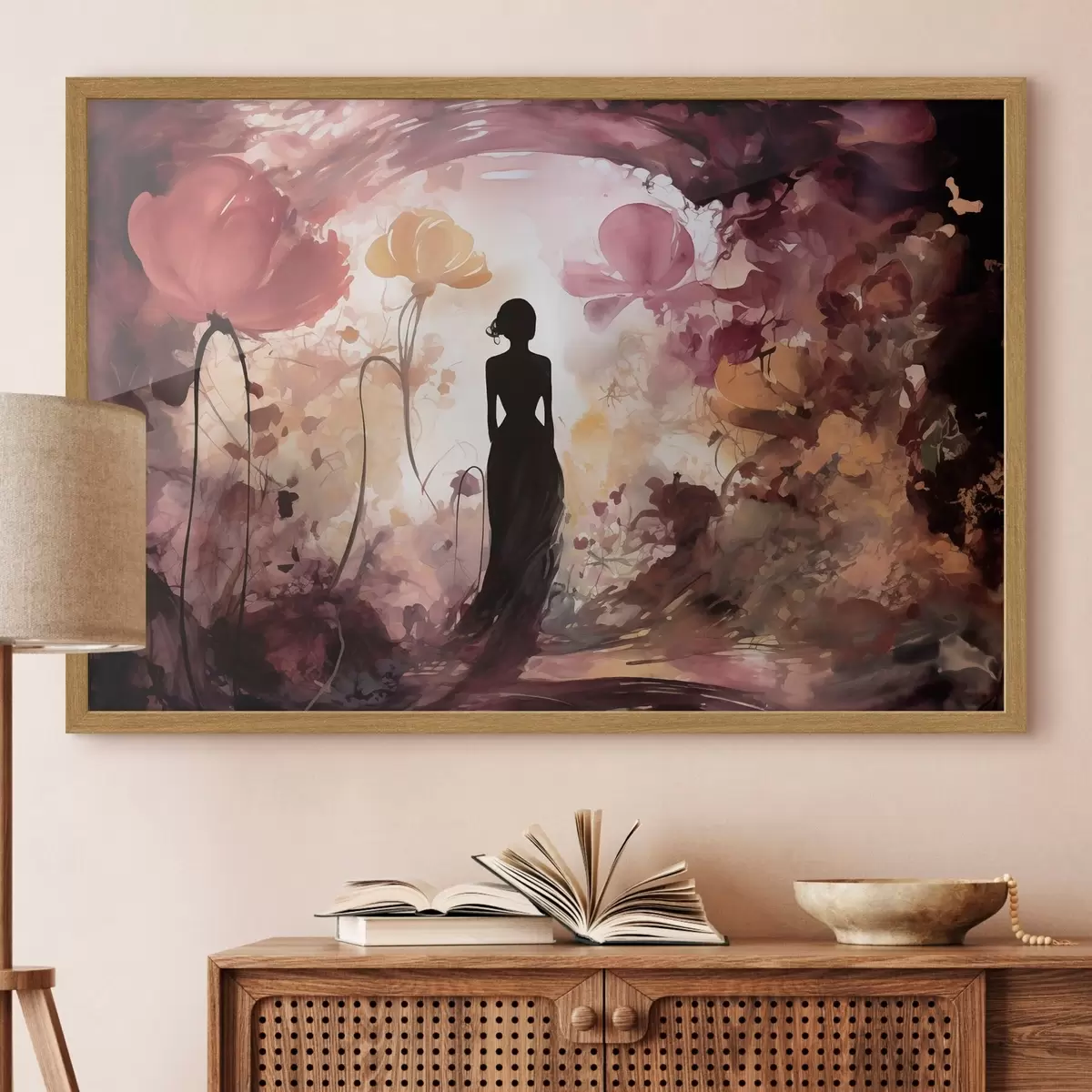 Poster Silhouette einer Frau in einem märchenhaft blühenden Garten f51081