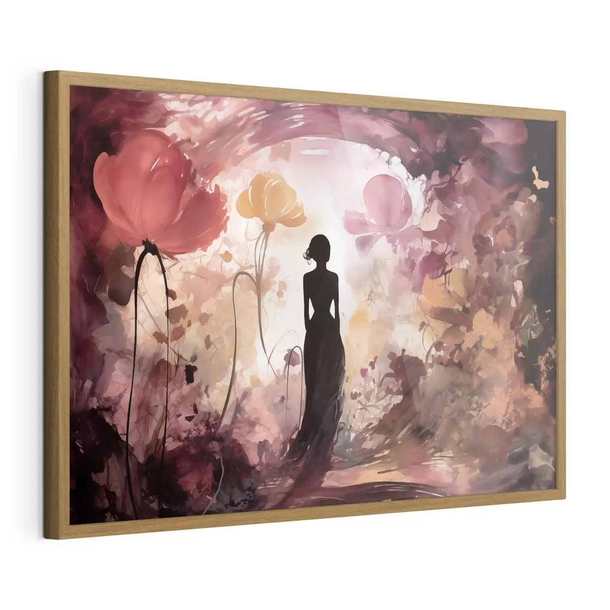 Poster Silhouette einer Frau in einem märchenhaft blühenden Garten f51081