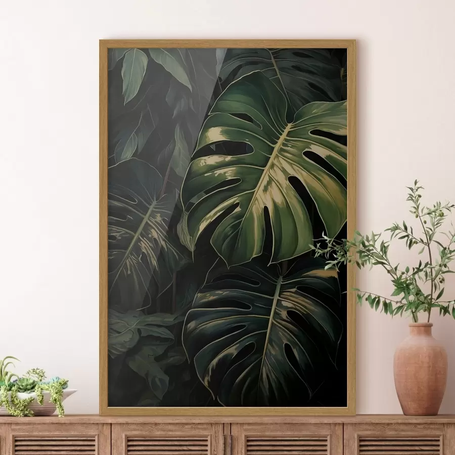 Fototapete Glänzende Monstera-Blätter in dunklen Tropen f51091