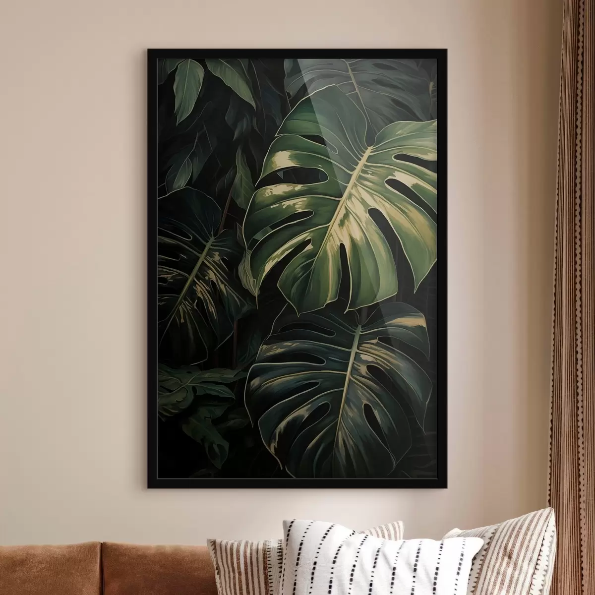 Poster Glänzende Monstera-Blätter in dunklen Tropen f51091