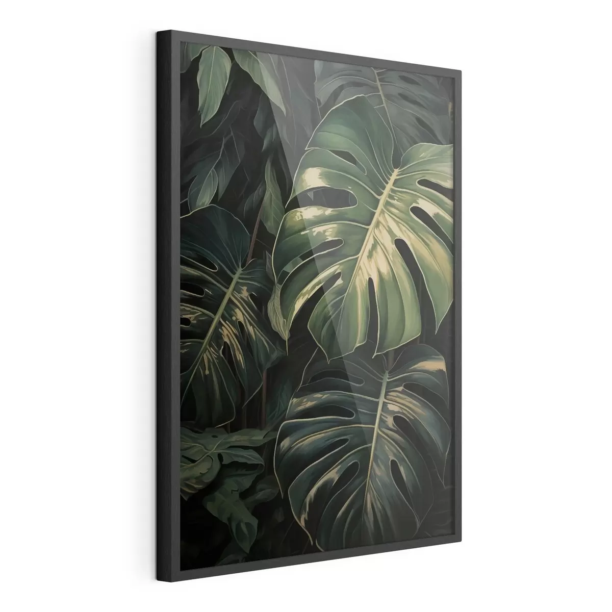 Poster Glänzende Monstera-Blätter in dunklen Tropen f51091