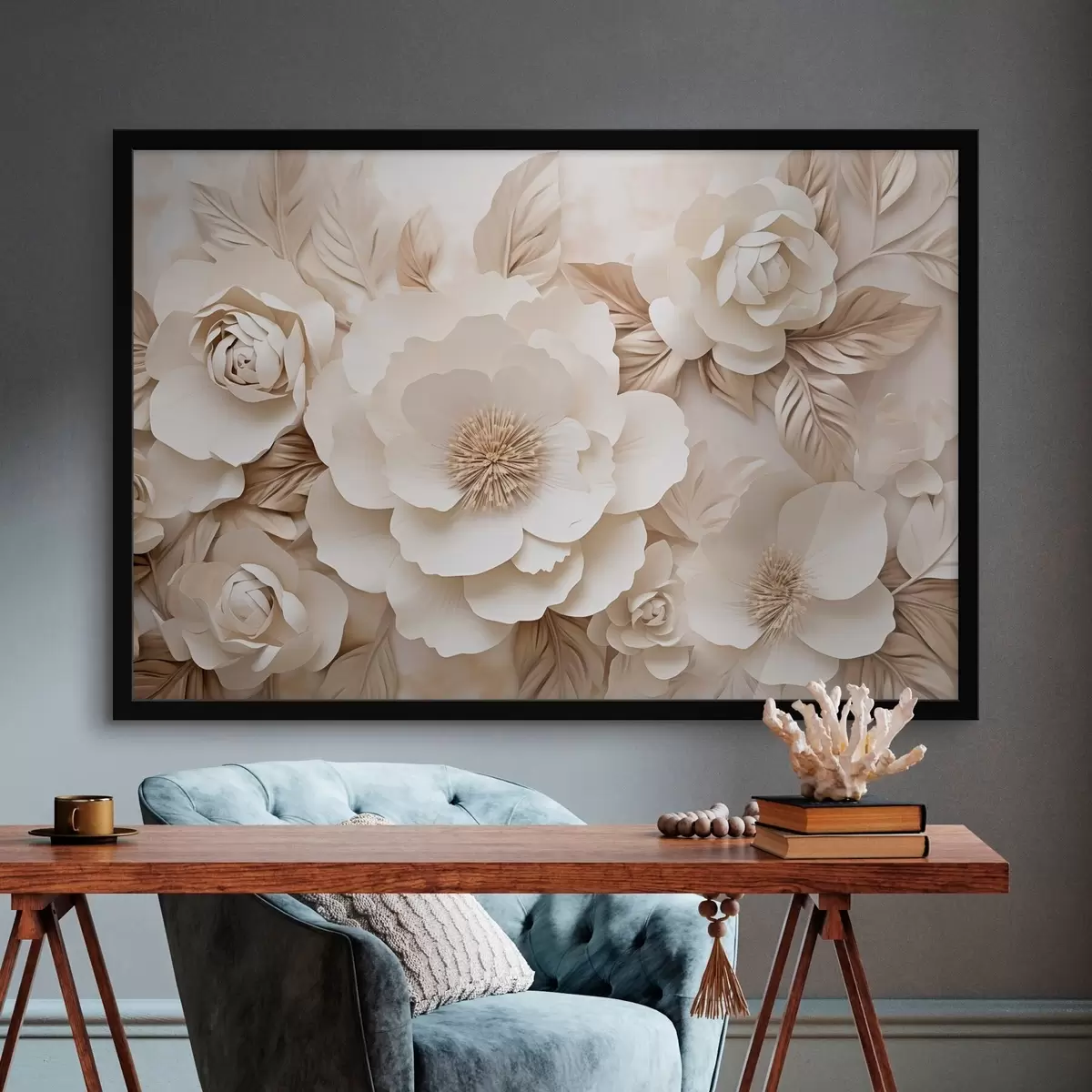 Poster 3D-Gipsrelief mit weißen Blumen f51096