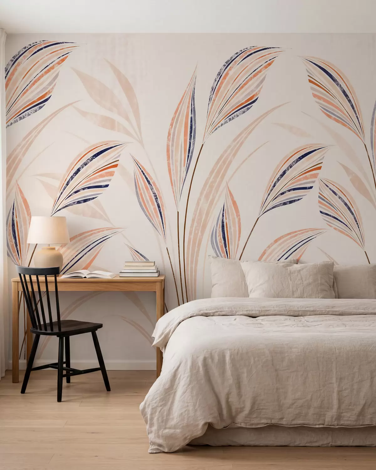 Fototapete Abstrakte Ziergräser mit eleganten, länglichen Blättern in Pfirsich-, Creme- und blauen Aquarelltönen w10093