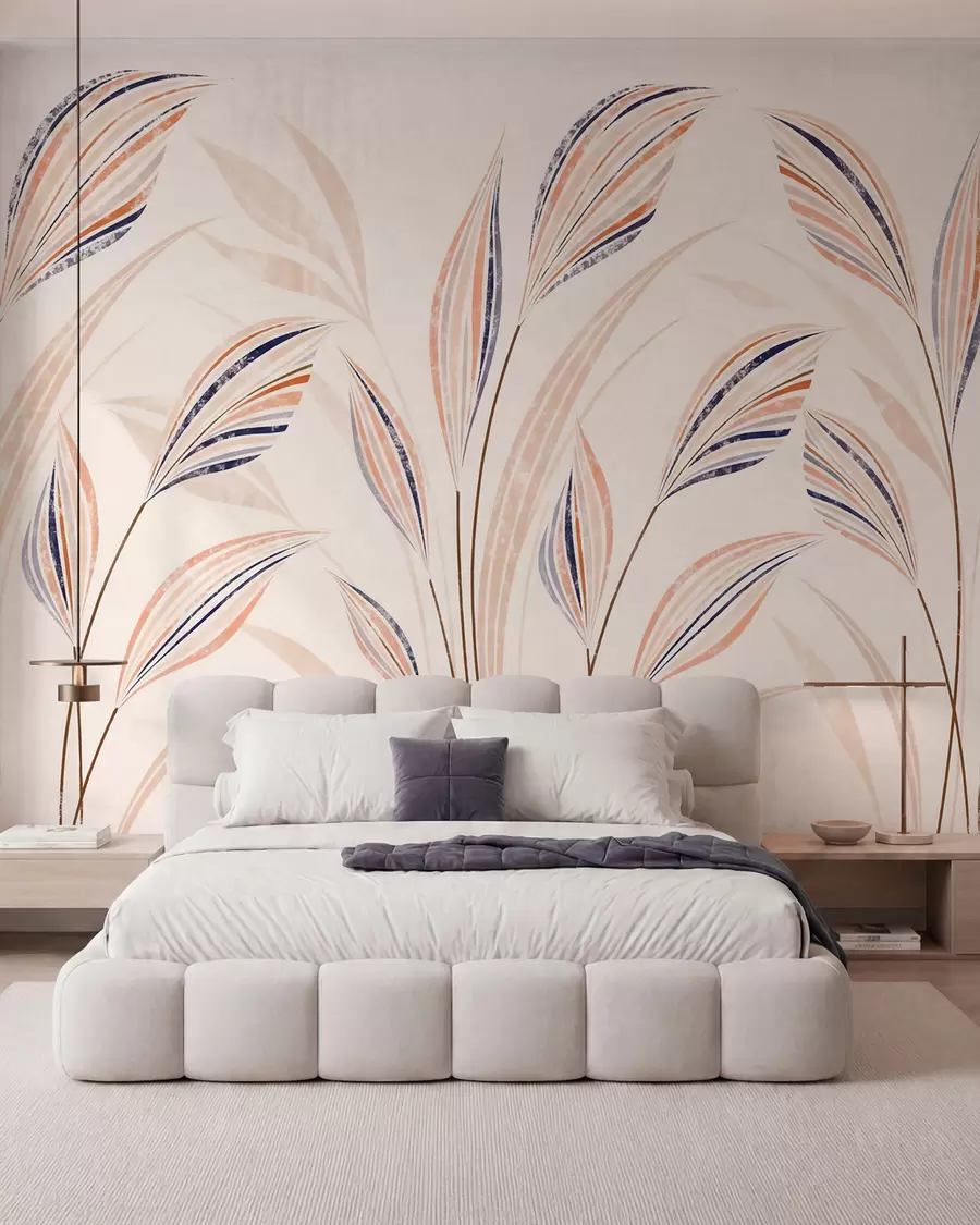 Fototapete Abstrakte Ziergräser mit eleganten, länglichen Blättern in Pfirsich-, Creme- und blauen Aquarelltönen w10093