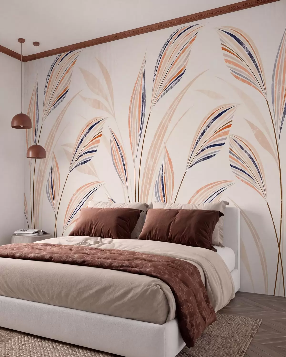 Fototapete Abstrakte Ziergräser mit eleganten, länglichen Blättern in Pfirsich-, Creme- und blauen Aquarelltönen w10093
