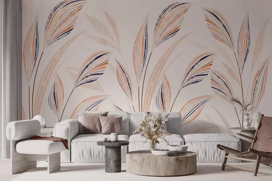 Fototapete Abstrakte Ziergräser mit eleganten, länglichen Blättern in Pfirsich-, Creme- und blauen Aquarelltönen w10093