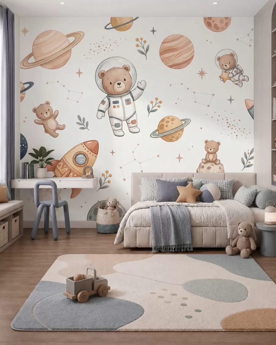 Fototapete Niedliche Teddybär-Astronauten zwischen Planeten, Raketen und Sternen im sanften Pastell-Aquarellstil w10096