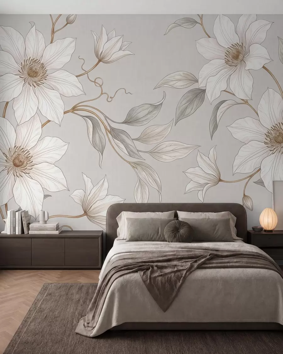 Fototapete Elegante weiße Blumen mit zarten Zweigen w10099