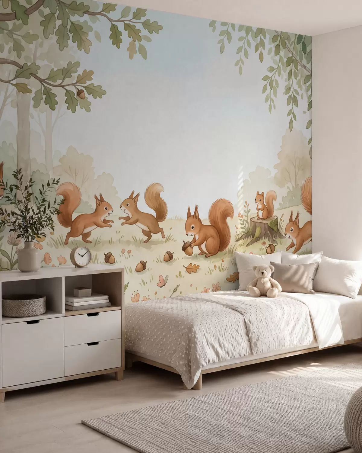 Fototapete Herbstwald mit flauschigen roten Eichhörnchen, Eicheln und zarten Wildblumen im Aquarellstil w10102