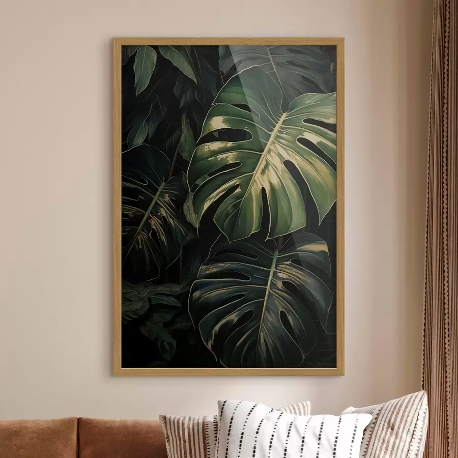 Fototapete Glänzende Monstera-Blätter in dunklen Tropen f51091